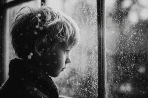 A black and white photo of a child looking out the window
