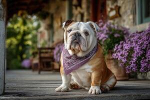 A bulldog sitting on a porch with purple flowers photo