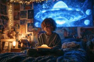 A child sitting on a bed with a book and a space ship photo