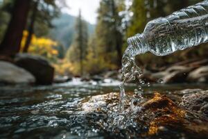 A bottle of water is being poured into a stream photo