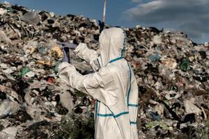 Man in bacteriological protective in a garbage. Open-air landfill. Plastic and polyethylene waste photo