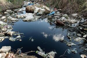 River covered with garbage. Lake covered with floating garbage and plastic waste. Environment pollution photo
