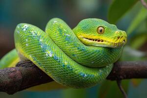 A green snake is sitting on a branch photo