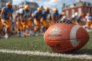 A football on the field with a group of players photo