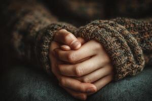 A person's hands are folded together in a knitted sweater photo