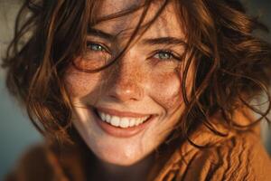 A woman with freckled hair smiling photo