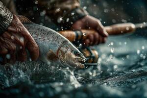 A man holding a fish in the water photo