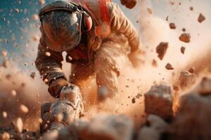 A construction worker is using a hammer to break up rocks photo