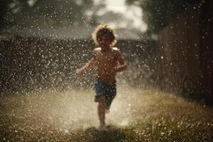 A young boy running through a sprinkler in the rain photo