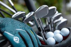 Golf clubs and balls in a bag photo