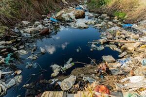 A small waterway is heavily polluted with plastic waste and debris, reflecting the surrounding greenery under daylight. The scene highlights environmental issues faced by rural areas photo