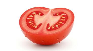 A tomato slice is cut in half on a white background photo