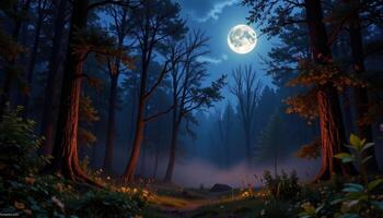 a moonlit forest with glowing fog photo