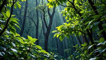 a rain drenched forest with glistening leaves photo