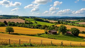 a rustic countryside with patchwork fields photo