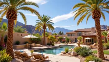 a desert oasis with palm trees photo