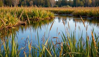 a quiet marsh with reeds and still water photo