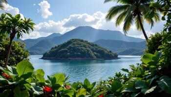 a quiet island covered in lush jungle photo