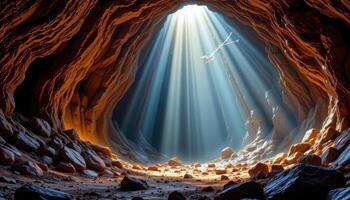 a cave with glowing minerals and sunlight streaming in photo