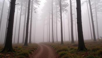 a foggy forest trail surrounded by tall trees photo
