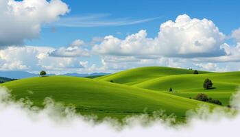rolling green hills under drifting white clouds photo