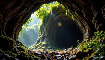 a mossy cave with light filtering through the entrance photo
