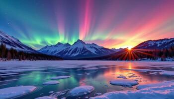 a frozen lake shimmering under the aurora borealis photo