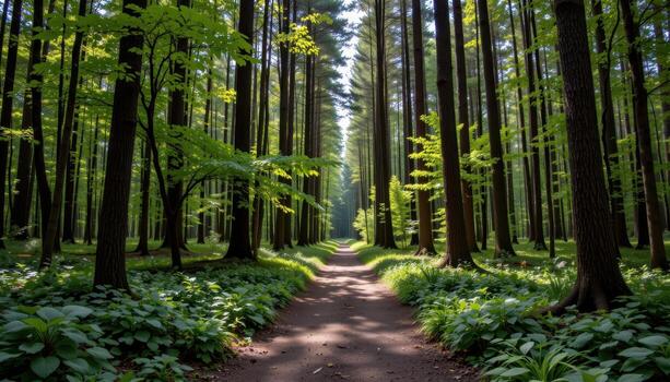 a quiet forest path surrounded by tall trees photo