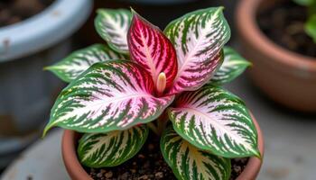 a leaf patterned caladium in a clay pot photo