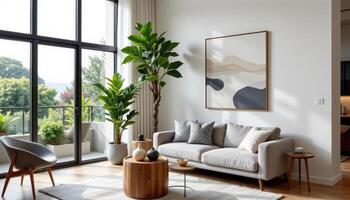 a tall fiddle leaf fig in a modern living room corner photo