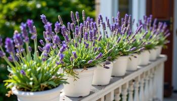 lavender in white pots along a balcony railing photo