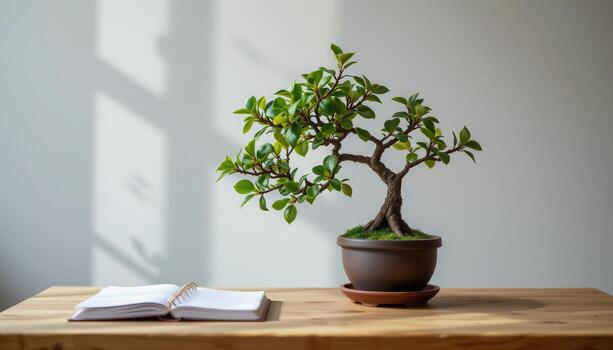 a minimal desk with a small ficus bonsai photo
