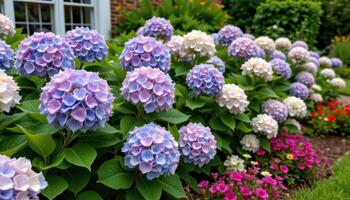 hydrangeas blooming in a formal garden photo