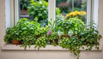 a collection of herbs on a kitchen window ledge photo