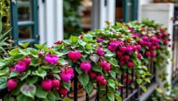 purple heart plants lining a balcony railing photo