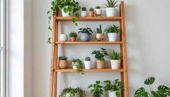 a wooden ladder shelf with various indoor plants photo