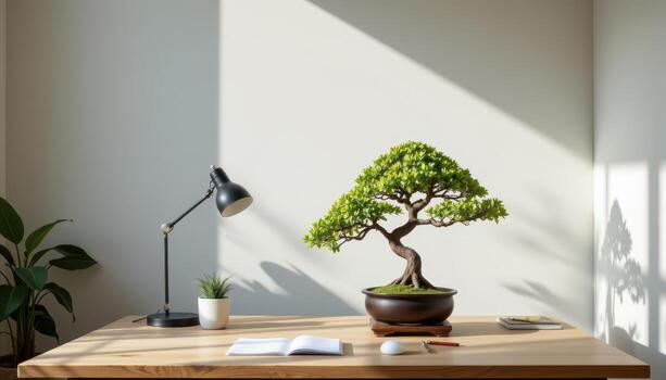 a minimalist workspace with a single bonsai photo