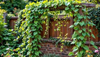 a garden trellis covered in creeping vines photo