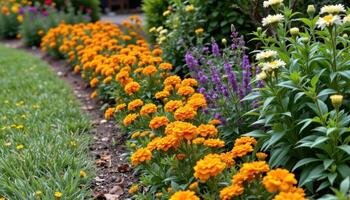 marigold border along a garden path photo