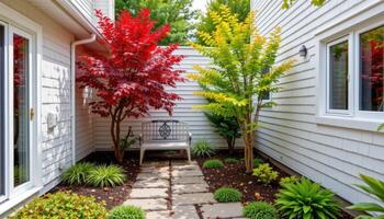 a small courtyard with ornamental maples photo