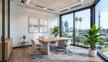 a modern office corner with a large areca palm photo