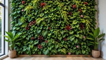 an indoor garden wall full of tropical leaves photo