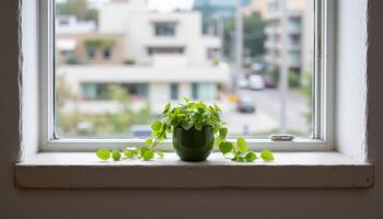 a jade plant on a minimalist concrete windowsill photo