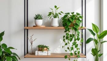 a minimalist shelf with cascading pothos photo