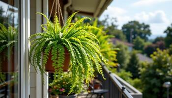 hanging ferns swaying in the breeze on a balcony photo