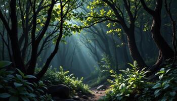 a shadowy forest with thick, tangled underbrush photo