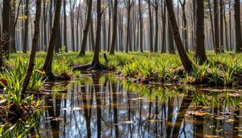 a forest swamp with reeds and shallow water photo