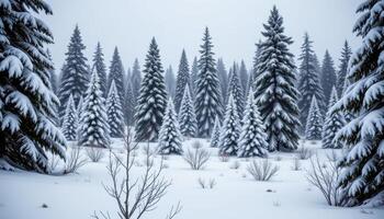 snow covered forest with tall fir trees photo