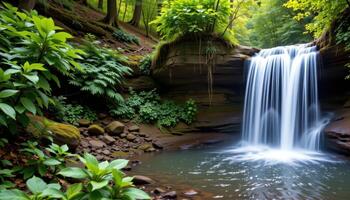 hidden waterfall deep in the forest photo