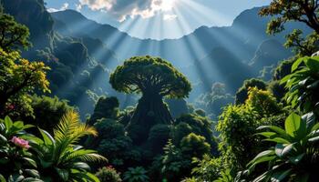 deep jungle with sunbeams breaking through photo